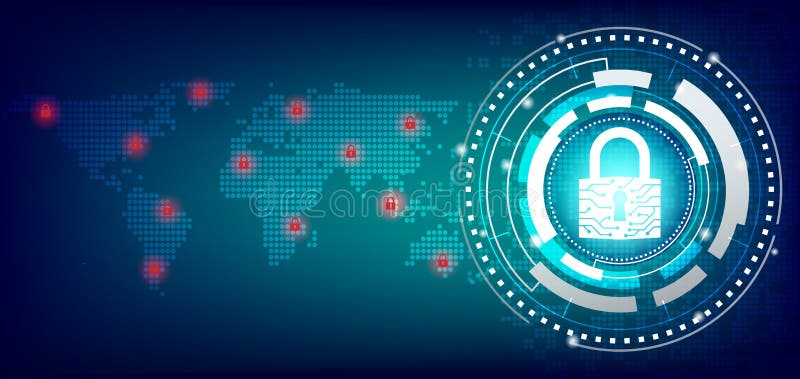 El candado cerrado protege la red global del mundo en el fondo futuro de la tecnología stock de ilustración El candado cerrado protege la red global del mundo en el fondo futuro de la tecnología stock de ilustración