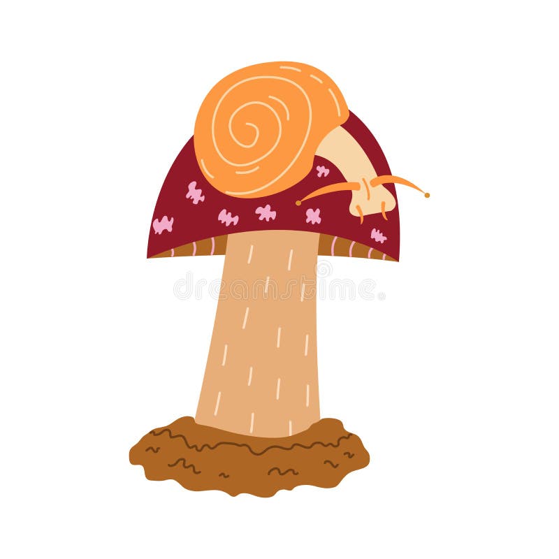 El caracol se sienta en la seta en el bosque. vector libre illustration