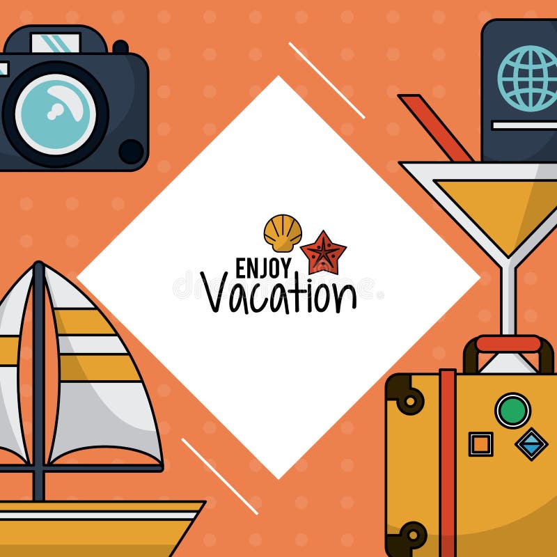 El cartel colorido de disfruta de vacaciones con la cámara de la foto y equipaje y cóctel y velero y pasaporte stock de ilustración El cartel colorido de disfruta de vacaciones con la cámara de la foto y equipaje y cóctel y velero y pasaporte stock de ilustración