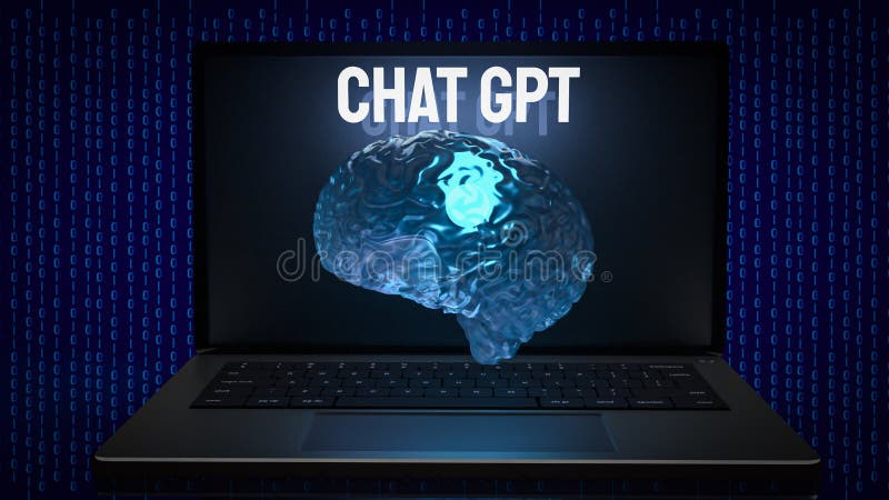 El chat gpt texto y cerebro para el concepto de tecnología 3d representación stock de ilustración