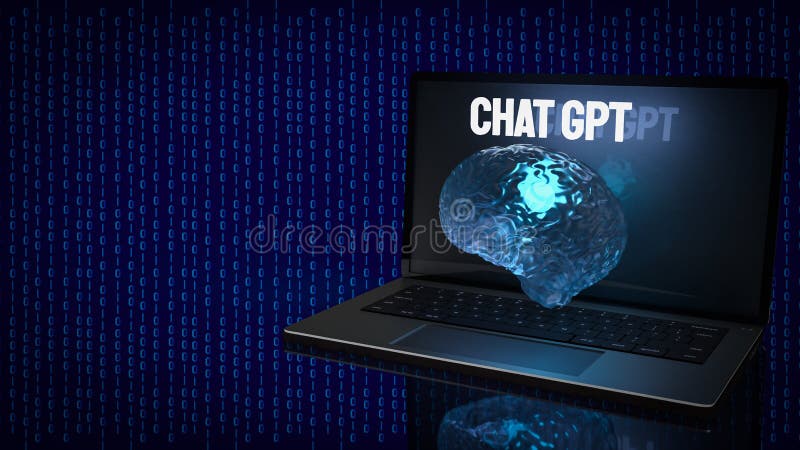 El chat gpt texto y cerebro para el concepto de tecnología 3d representación stock de ilustración