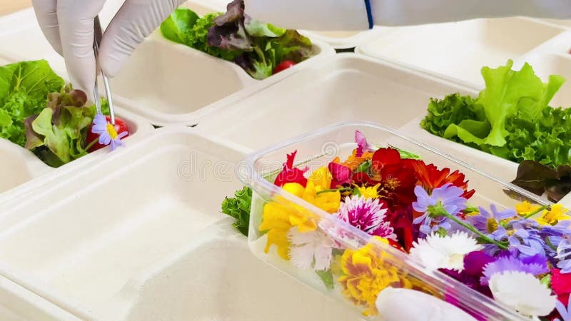 El chef de 4k prepara decoraciones florales en cajas de comida para servir