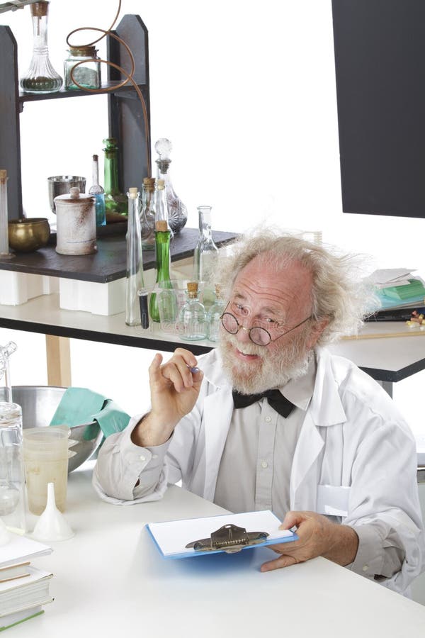 Eccentric senior scientist in lab holds pen and clipboard. High key, white background, vertical, copy space. Eccentric senior scientist in lab holds pen and clipboard. High key, white background, vertical, copy space.