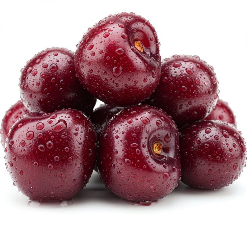 El cierre de una pila de cerezas frescas cada una cubierta de gotas de agua. Las cerezas son libre illustration