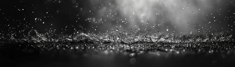 El cierre en blanco y negro de las gotas de lluvia salpicando sobre una superficie creando una atmósfera dramática de humedad con stock de ilustración