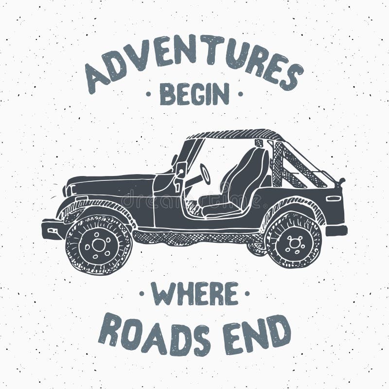 El coche campo a través de SUV, etiqueta del vintage, bosquejo dibujado mano, grunge texturizó la insignia retra, impresión de la stock de ilustración El coche campo a través de SUV, etiqueta del vintage, bosquejo dibujado mano, grunge texturizó la insignia retra, impresión de la stock de ilustración