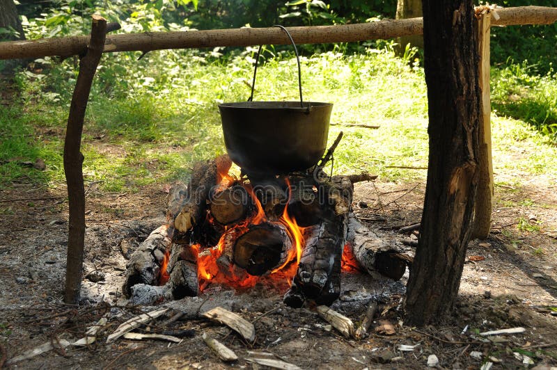El Cocinar En La Naturaleza Caldera En El Fuego En Bosque Imagen de