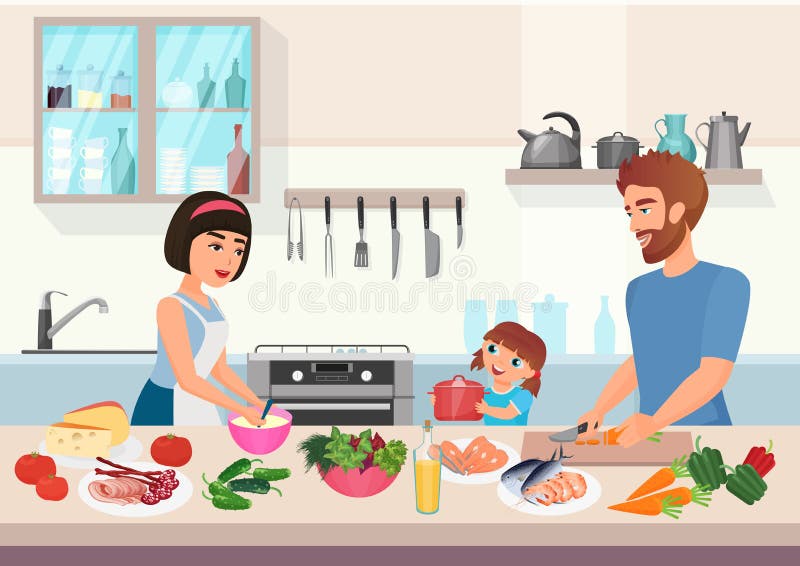 El cocinar joven feliz de la familia Platos del cocinero del niño del padre, de la madre y de la hija en el ejemplo del vector de libre illustration