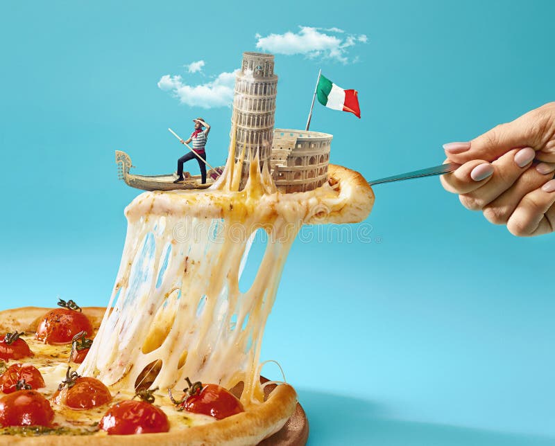 El collage sobre Italia con la mano femenina, el gondolero, la pizza y y las vistas importantes