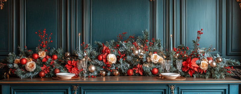 El comedor se transforma en un cálido paraíso de Navidad con adornos festivos, velas y una chimenea encendida. generado por IA