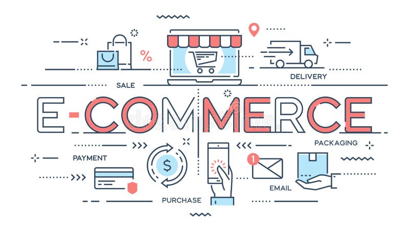 El comercio electrónico, compras en línea, venta al por menor, venta, servicio de entrega enrarece stock de ilustración El comercio electrónico, compras en línea, venta al por menor, venta, servicio de entrega enrarece stock de ilustración
