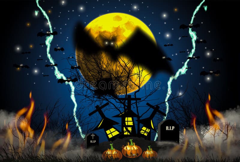 El concepto de Halloween con las llamas ardientes nocturnas del horror, de la niebla y de la hierba y de la calabaza con los cast libre illustration El concepto de Halloween con las llamas ardientes nocturnas del horror, de la niebla y de la hierba y de la calabaza con los cast libre illustration