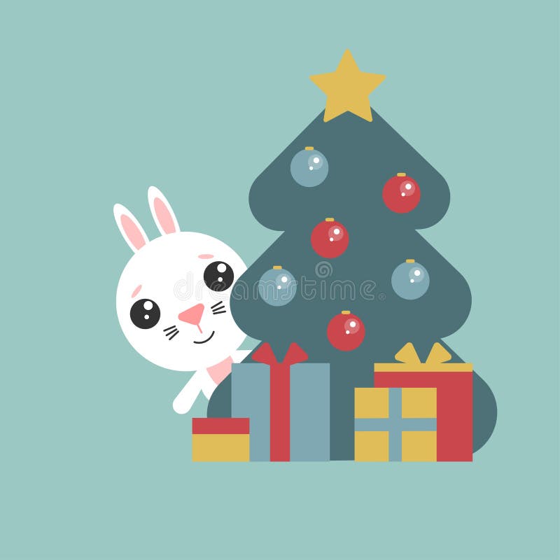 El conejito lindo mira hacia fuera de detrás un árbol con las bolas Car?cter divertido con los presentes Feliz A?o Nuevo S?mbolo libre illustration El conejito lindo mira hacia fuera de detrás un árbol con las bolas Car?cter divertido con los presentes Feliz A?o Nuevo S?mbolo libre illustration