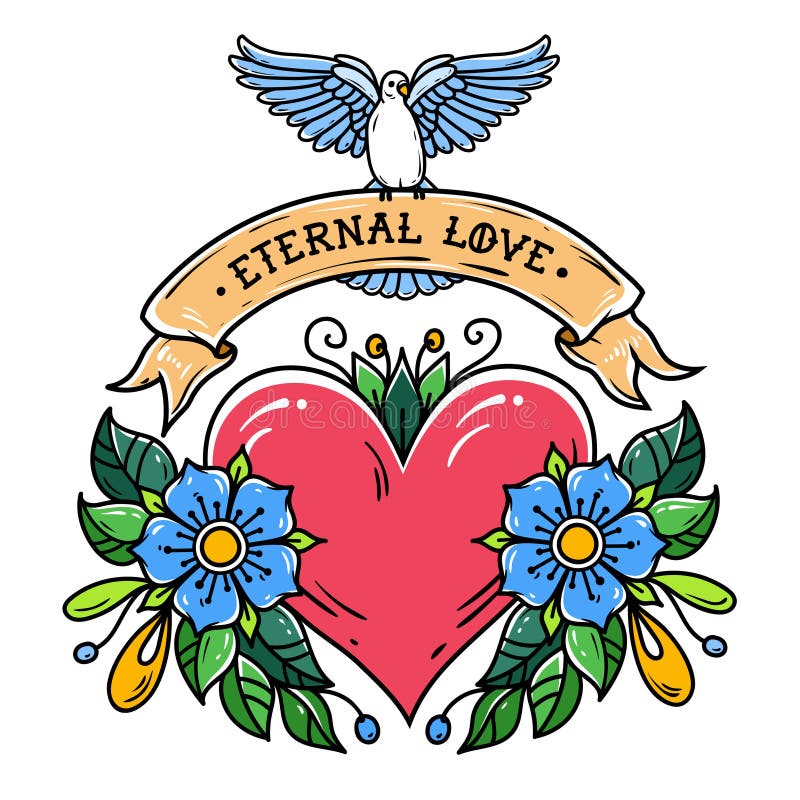 El corazón rojo con las flores, la cinta y el blanco se zambulló Amor eterno Tatuaje de la escuela vieja stock de ilustración El corazón rojo con las flores, la cinta y el blanco se zambulló Amor eterno Tatuaje de la escuela vieja stock de ilustración