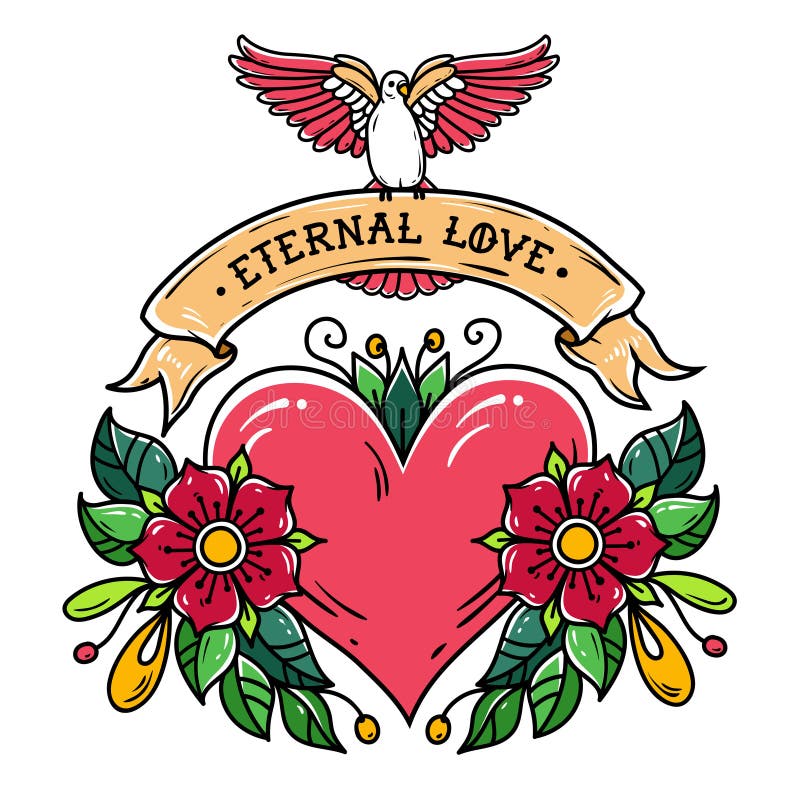 El corazón rojo con las flores, la cinta y el blanco se zambulló Amor eterno Tatuaje de la escuela vieja libre illustration El corazón rojo con las flores, la cinta y el blanco se zambulló Amor eterno Tatuaje de la escuela vieja libre illustration