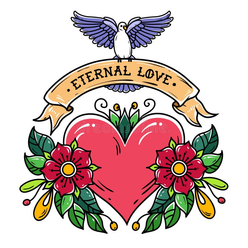 El corazón rojo con las rosas, las hojas, la cinta y el blanco se zambulló Poner letras a amor eterno en cinta Ejemplo del día de libre illustration El corazón rojo con las rosas, las hojas, la cinta y el blanco se zambulló Poner letras a amor eterno en cinta Ejemplo del día de libre illustration