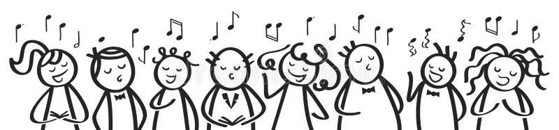El coro, la bandera, los hombres divertidos y las mujeres cantando, las figuras blancos y negros del palillo cantan una canción ilustración del vector