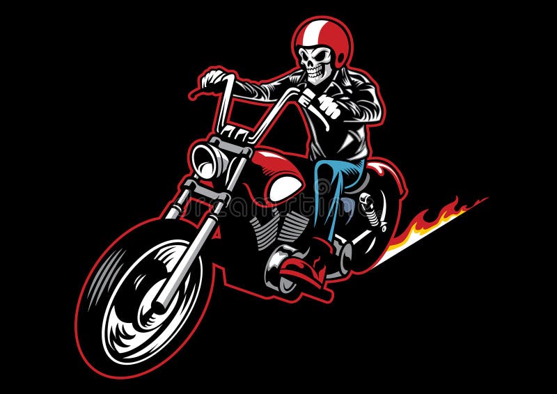 El cráneo que lleva una chaqueta de cuero del motorista y monta una motocicleta stock de ilustración El cráneo que lleva una chaqueta de cuero del motorista y monta una motocicleta stock de ilustración