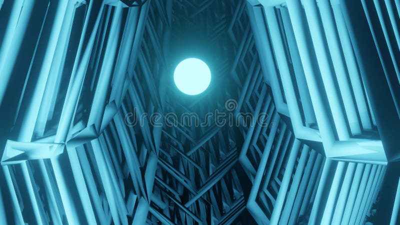 El cuerpo esférico blanqueador se mueve a través de un túnel azul construido con barras metálicas. vídeo científico abstracto. ind libre illustration