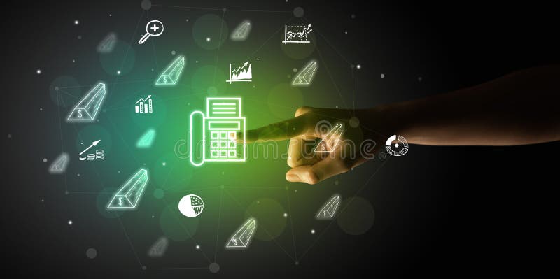 Businessman finger touching on screen multimedia interface with hand drawn fax icons futuristic concept. Businessman finger touching on screen multimedia interface with hand drawn fax icons futuristic concept