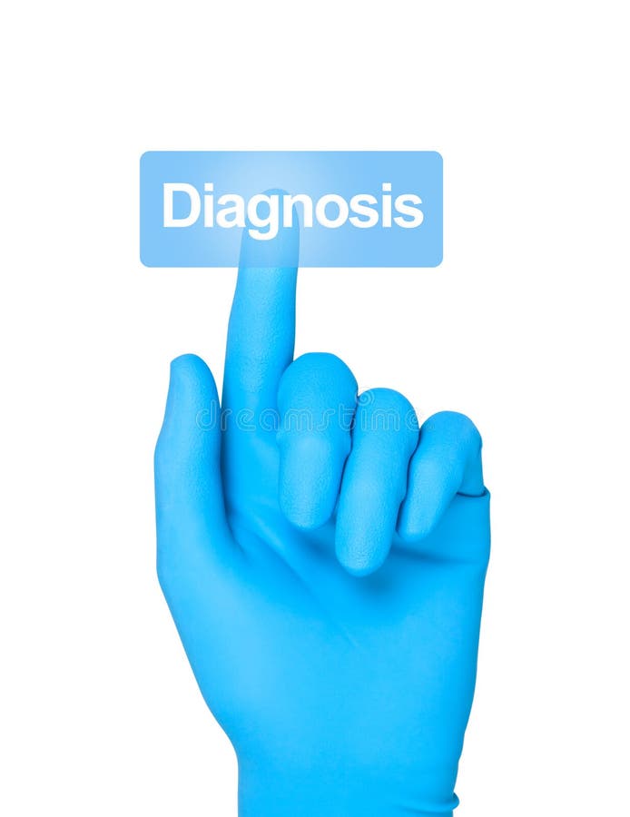 Hand in medical rubber glove finger presses button with word diagnosis. Hand in medical rubber glove finger presses button with word diagnosis.