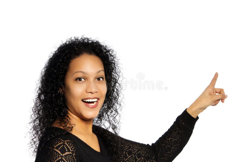 Surprised African American woman in pointing up gesture. Surprised African American woman in pointing up gesture