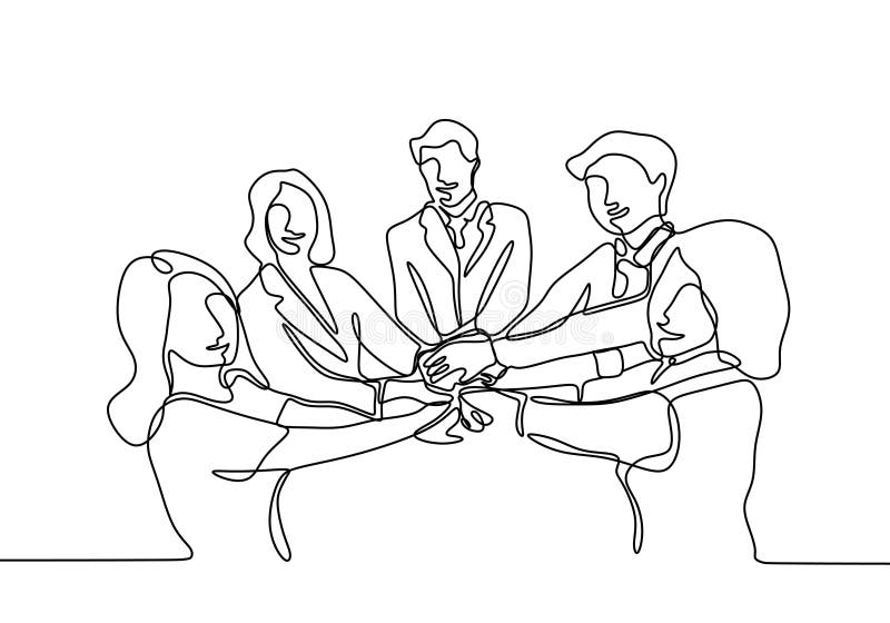 El dibujo lineal continuo de hombres de negocios se une a la mano junto durante su reunión stock de ilustración