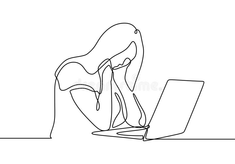 El dibujo lineal continuo de la muchacha con el ordenador portátil siente frustrado expresando la desolación y la molestia de la ilustración del vector