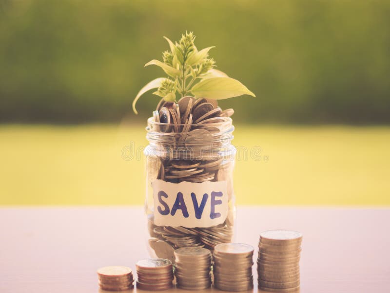 El dinero abstracto retro que ahorra el pequeño árbol del bebé con el tarro de cristal acuña imagen de archivo libre de regalías El dinero abstracto retro que ahorra el pequeño árbol del bebé con el tarro de cristal acuña imagen de archivo libre de regalías