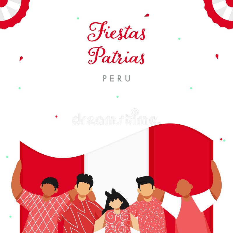  El Diseño De Afiches De Fiestas Patrias Perú Con Gente Sin Rostro Sosteniendo La Bandera Peruana En Blanco Stock de ilustración