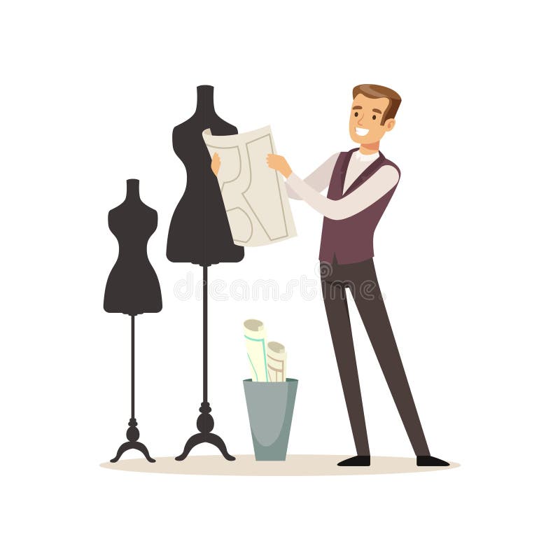 El diseñador de moda de sexo masculino que se coloca cerca del maniquí, costura del sastre que trabaja en el taller vector el eje libre illustration