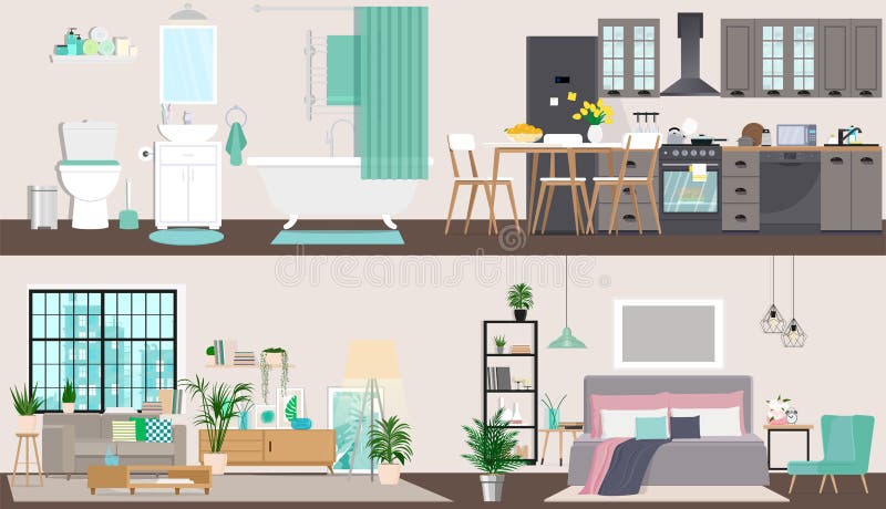 El diseño del apartamento detalladamente Interior del diseño interior Ejemplo del vector en estilo plano libre illustration El diseño del apartamento detalladamente Interior del diseño interior Ejemplo del vector en estilo plano libre illustration