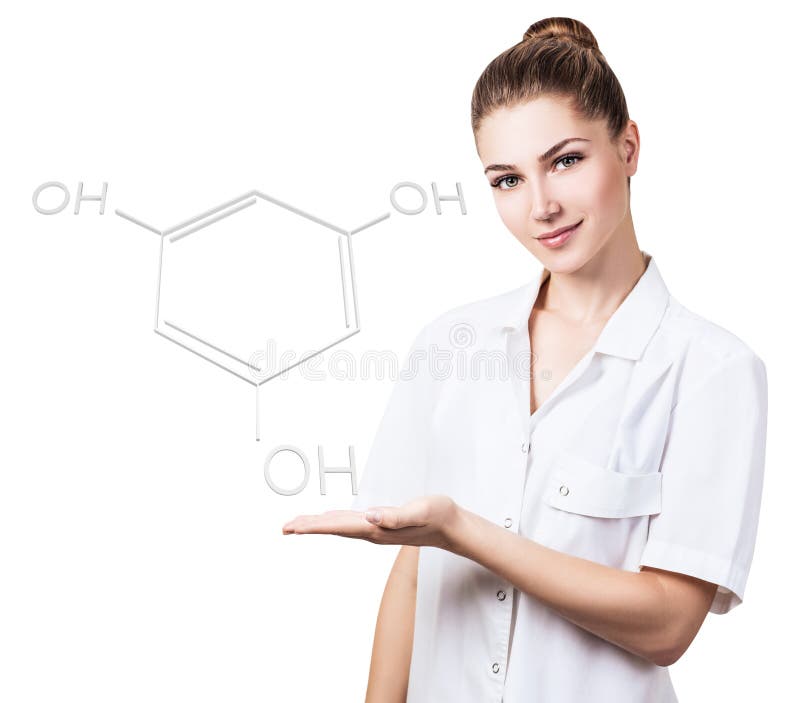 El doctor de sexo femenino joven presenta fórmula química imagen de archivo libre de regalías El doctor de sexo femenino joven presenta fórmula química imagen de archivo libre de regalías