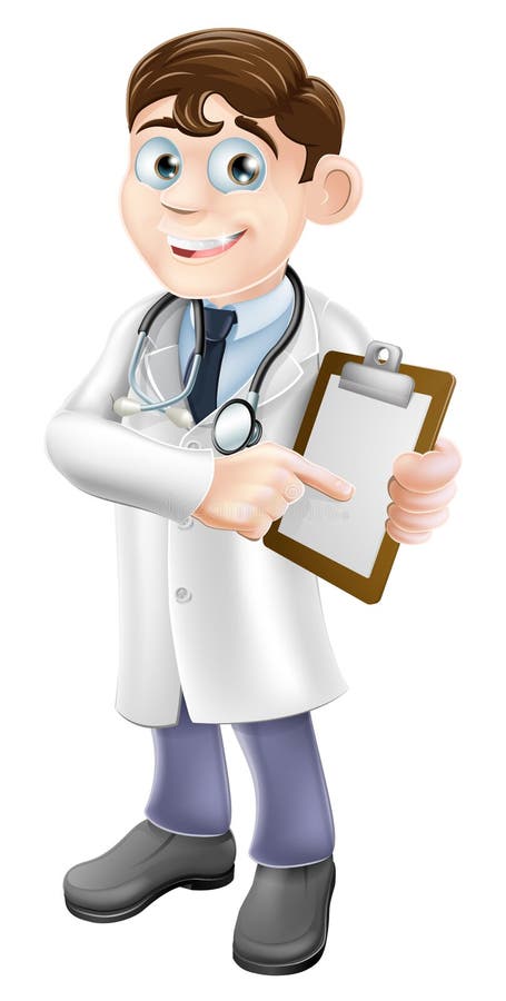 An illustration of a friendly cartoon doctor holding a clipboard and pointing at it. An illustration of a friendly cartoon doctor holding a clipboard and pointing at it