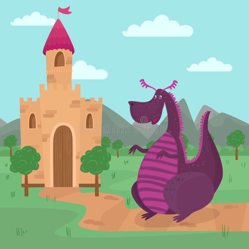 El dragón lindo que se coloca delante de un castillo, historia del cuento de hadas para los niños vector el ejemplo stock de ilustración