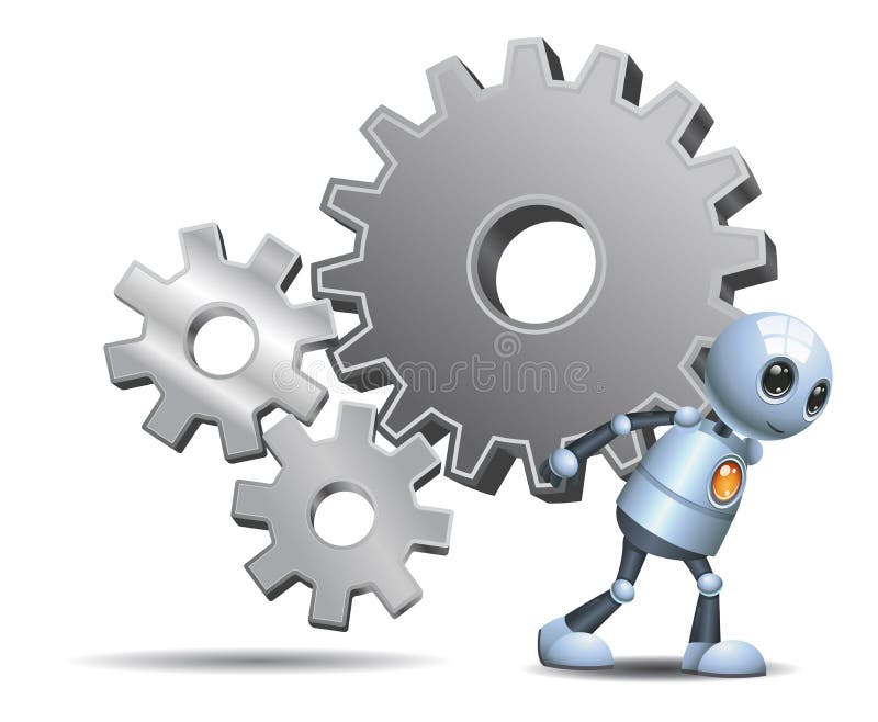 El droid feliz poco robot lleva los engranajes en blanco aislado stock de ilustración El droid feliz poco robot lleva los engranajes en blanco aislado stock de ilustración