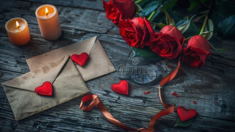 El día de San Valentín plancha rosas rojas chocolates en forma de corazón adoran las velas y las cintas de seda en un ambiente rús imágenes de archivo libres de regalías