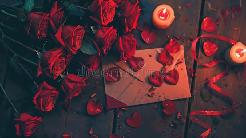 El día de San Valentín plancha rosas rojas chocolates en forma de corazón adoran las velas y las cintas de seda en un ambiente rús imágenes de archivo libres de regalías