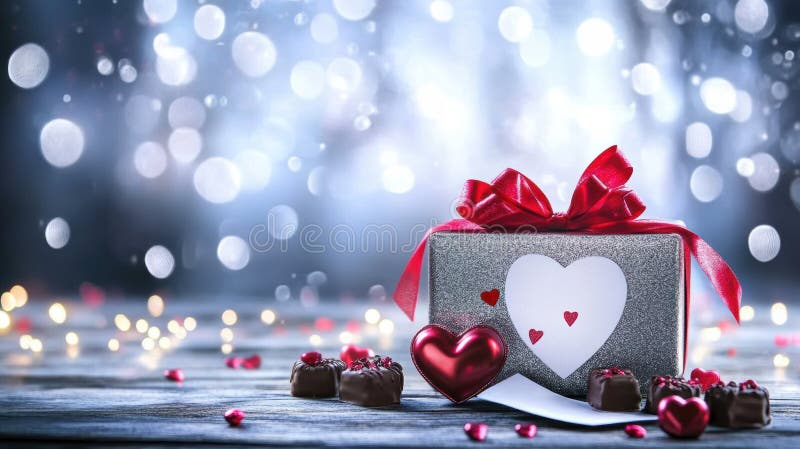 El día de San Valentín regalo mostrar la caja de regalo en forma de corazón sobre la mesa de madera chocolates nota de amor San Va imagen de archivo libre de regalías