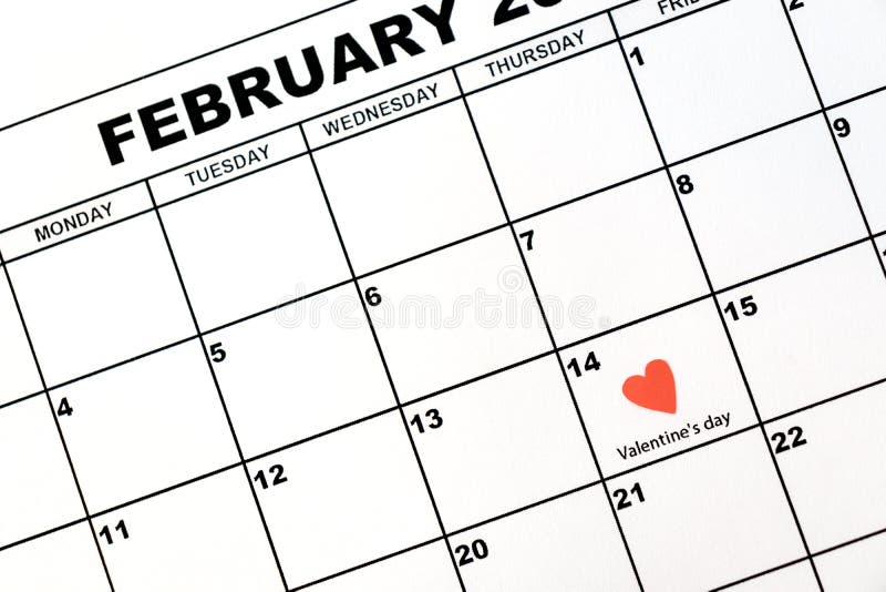 El día de tarjeta del día de San Valentín, el 14 de febrero, en el calendario imagen de archivo libre de regalías El día de tarjeta del día de San Valentín, el 14 de febrero, en el calendario imagen de archivo libre de regalías