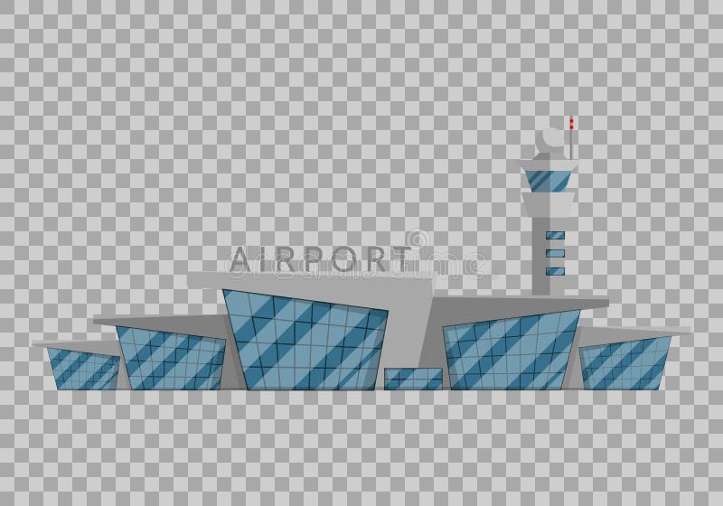 El edificio del aeropuerto está en el estilo plano en el ejemplo transparente del vector del fondo Aeropuerto moderno, volando stock de ilustración El edificio del aeropuerto está en el estilo plano en el ejemplo transparente del vector del fondo Aeropuerto moderno, volando stock de ilustración