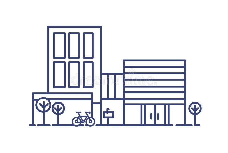 Living city building in contemporary architectural style surrounded by trees and bicycle parked beside it. Modern dwelling drawn with blue contour lines on white background. Vector illustration. Living city building in contemporary architectural style surrounded by trees and bicycle parked beside it. Modern dwelling drawn with blue contour lines on white background. Vector illustration