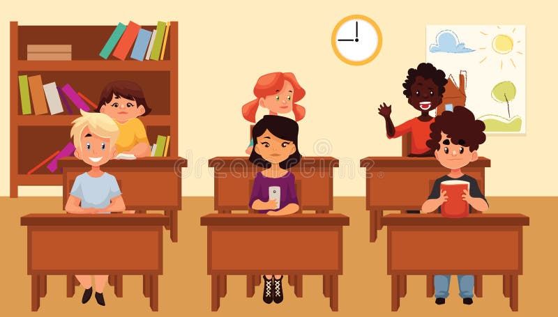 El ejemplo del vector de la historieta de la escuela embroma estudiar en sala de clase libre illustration El ejemplo del vector de la historieta de la escuela embroma estudiar en sala de clase libre illustration