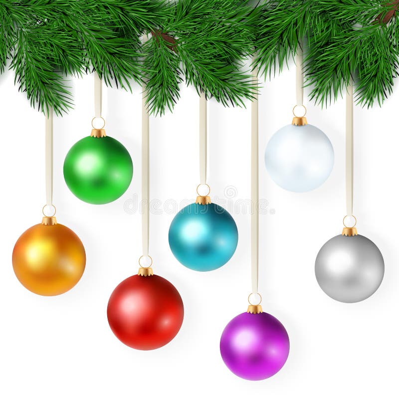 El ejemplo realista del vector con el sistema de bolas coloridas brillantes de la Navidad está colgando en una rama del árbol de ilustración del vector El ejemplo realista del vector con el sistema de bolas coloridas brillantes de la Navidad está colgando en una rama del árbol de ilustración del vector