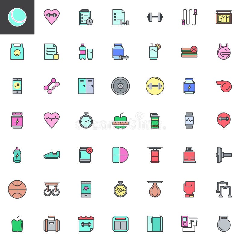 Fitness equipment filled outline icons set, line vector symbol collection, linear colorful pictogram pack. Signs, logo illustration, Set includes icons as Planning, Proteins Drink, Dumbbell, Lockers. Fitness equipment filled outline icons set, line vector symbol collection, linear colorful pictogram pack. Signs, logo illustration, Set includes icons as Planning, Proteins Drink, Dumbbell, Lockers