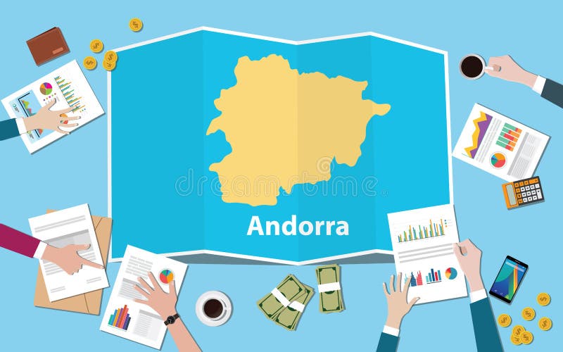 El equipo de la nación del crecimiento del país de la economía de Andorra discute con la opinión de los mapas del doblez del top