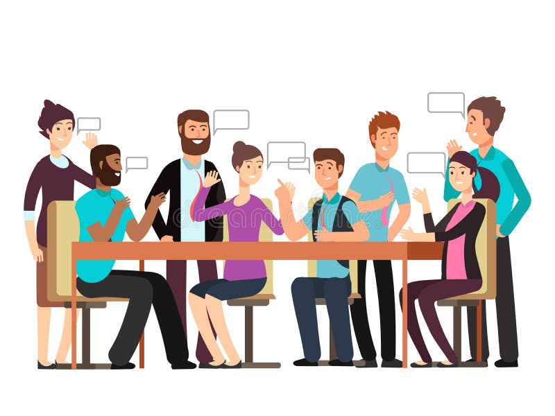 El equipo del negocio de personaje de dibujos animados tiene conversación Mujer y hombre en la reunión de la mañana libre illustration