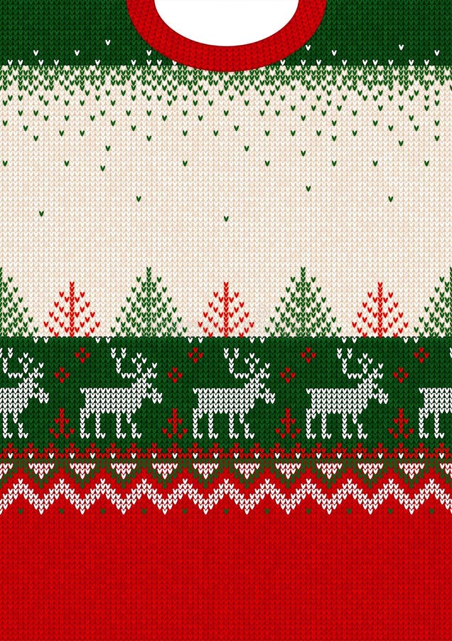 Ugly sweater Merry Christmas and Happy New Year greeting card frame border template. Vector illustration seamless knitted background pattern deers scandinavian ornaments. White, red, green colors. Ugly sweater Merry Christmas and Happy New Year greeting card frame border template. Vector illustration seamless knitted background pattern deers scandinavian ornaments. White, red, green colors.