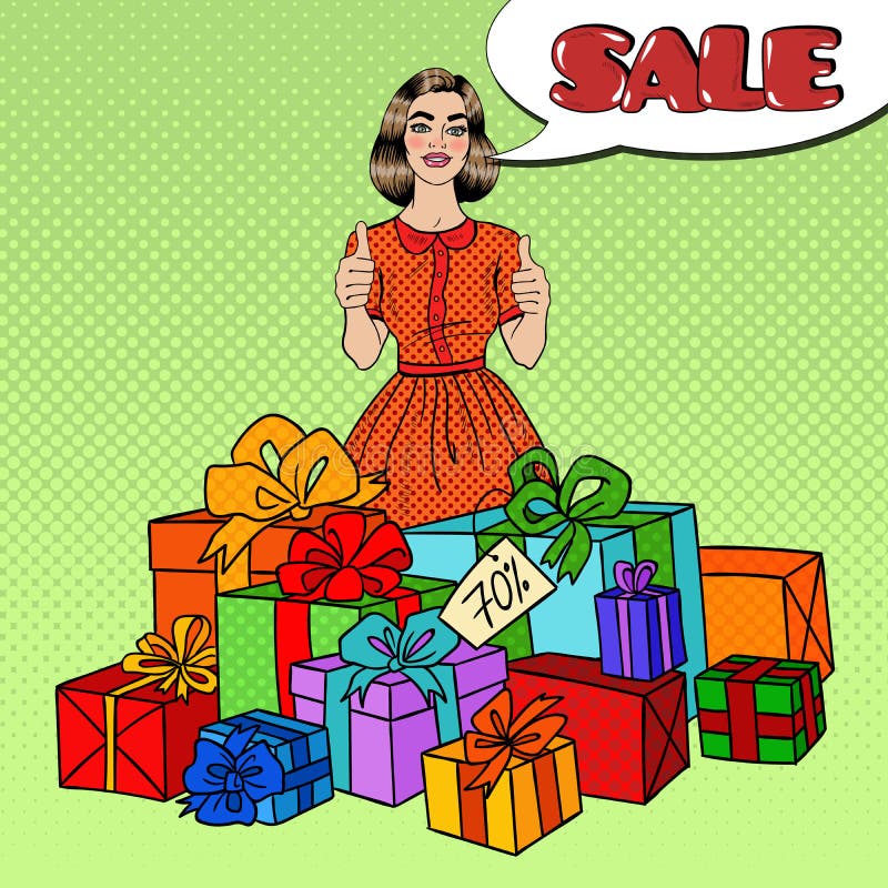 El estallido Art Beautiful Woman con las cajas de regalo enormes, pulgares sube y venta cómica de la burbuja del discurso libre illustration El estallido Art Beautiful Woman con las cajas de regalo enormes, pulgares sube y venta cómica de la burbuja del discurso libre illustration