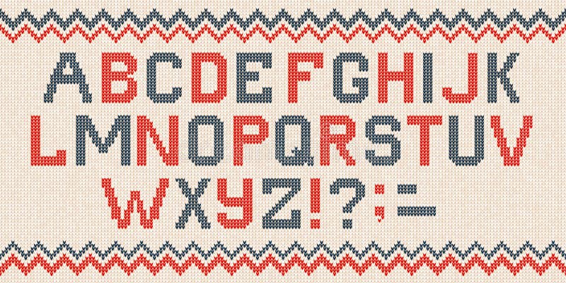 Vector illustration folk latin Christmas Font Scandinavian style knitted letters alphabet and pattern. Seamless background Nordic fair isle knitting, winter holiday sweater design. Vector illustration folk latin Christmas Font Scandinavian style knitted letters alphabet and pattern. Seamless background Nordic fair isle knitting, winter holiday sweater design.